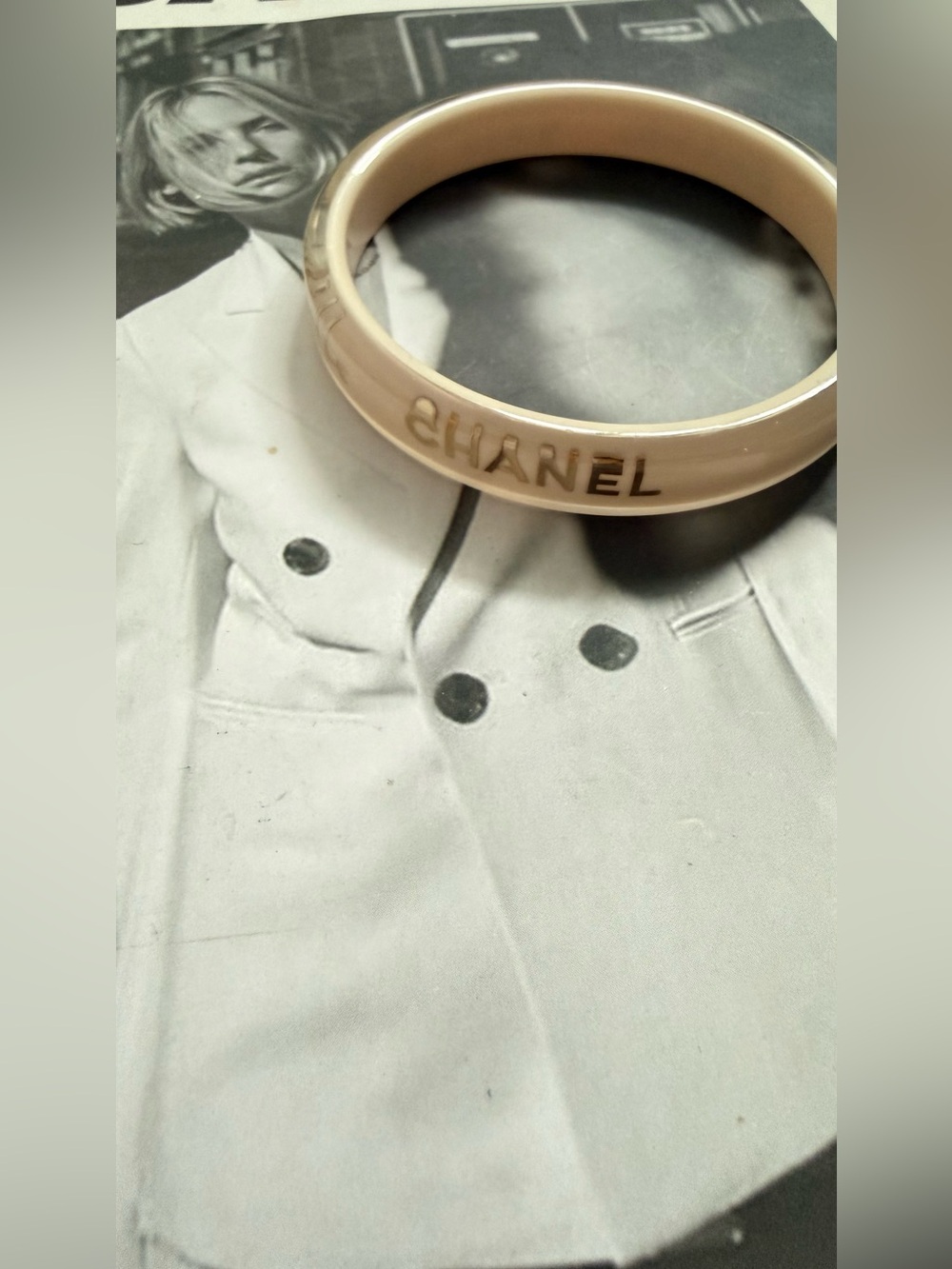 CHANEL Coco Mademoiselle Gift w Purchase Cream Enamel Bangle Gold Logo Detail
